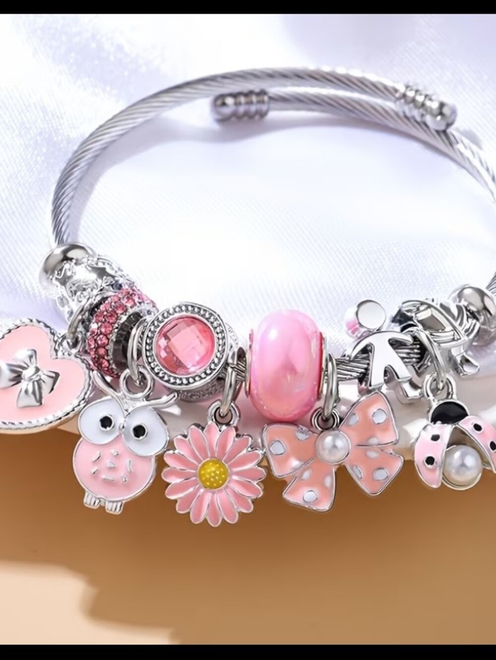 Pink Charm Bracelet with Owl, Daisy, Bow & Ladybug Charms